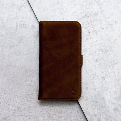 iPhone 15 Pro Max Leather Case. Premium Nubuck Genuine Leather Stand Case/Cover/Wallet (Chocolate Brown)