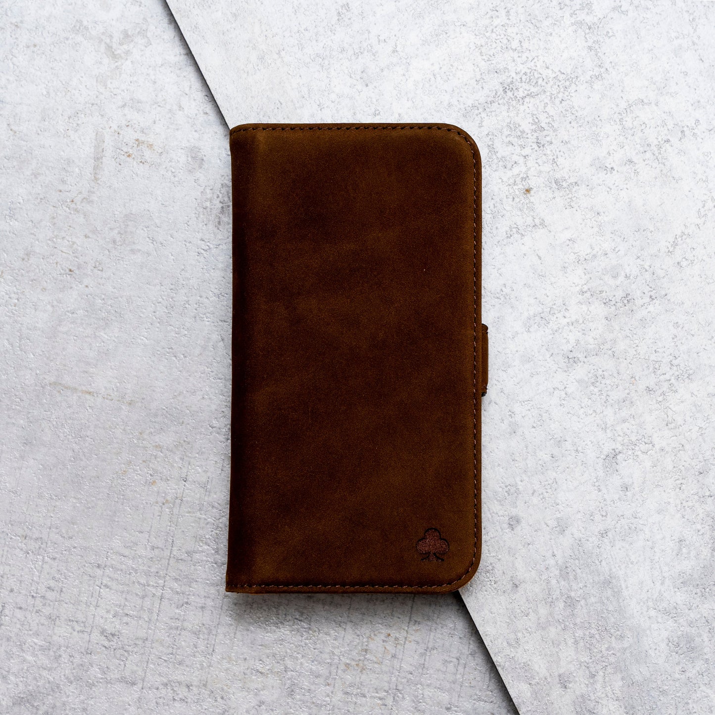 iPhone 15 Pro Leather Case. Premium Nubuck Genuine Leather Stand Case/Cover/Wallet (Chocolate Brown)