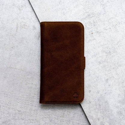 iPhone 12 / iPhone 12 Pro Leather Case. Premium Nubuck Genuine Leather Stand Case/Cover/Wallet (Chocolate Brown)