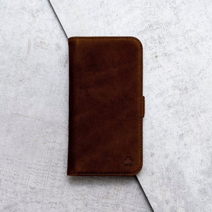 iPhone 14 Pro Leather Case. Premium Nubuck Genuine Leather Stand Case/Cover/Wallet (Chocolate Brown)