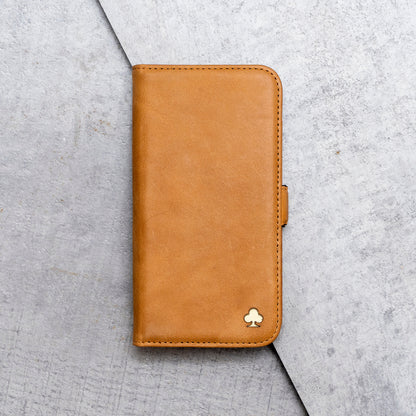 iPhone 15 Leather Case. Premium Slim Genuine Leather Stand Case/Cover/Wallet (Tan)