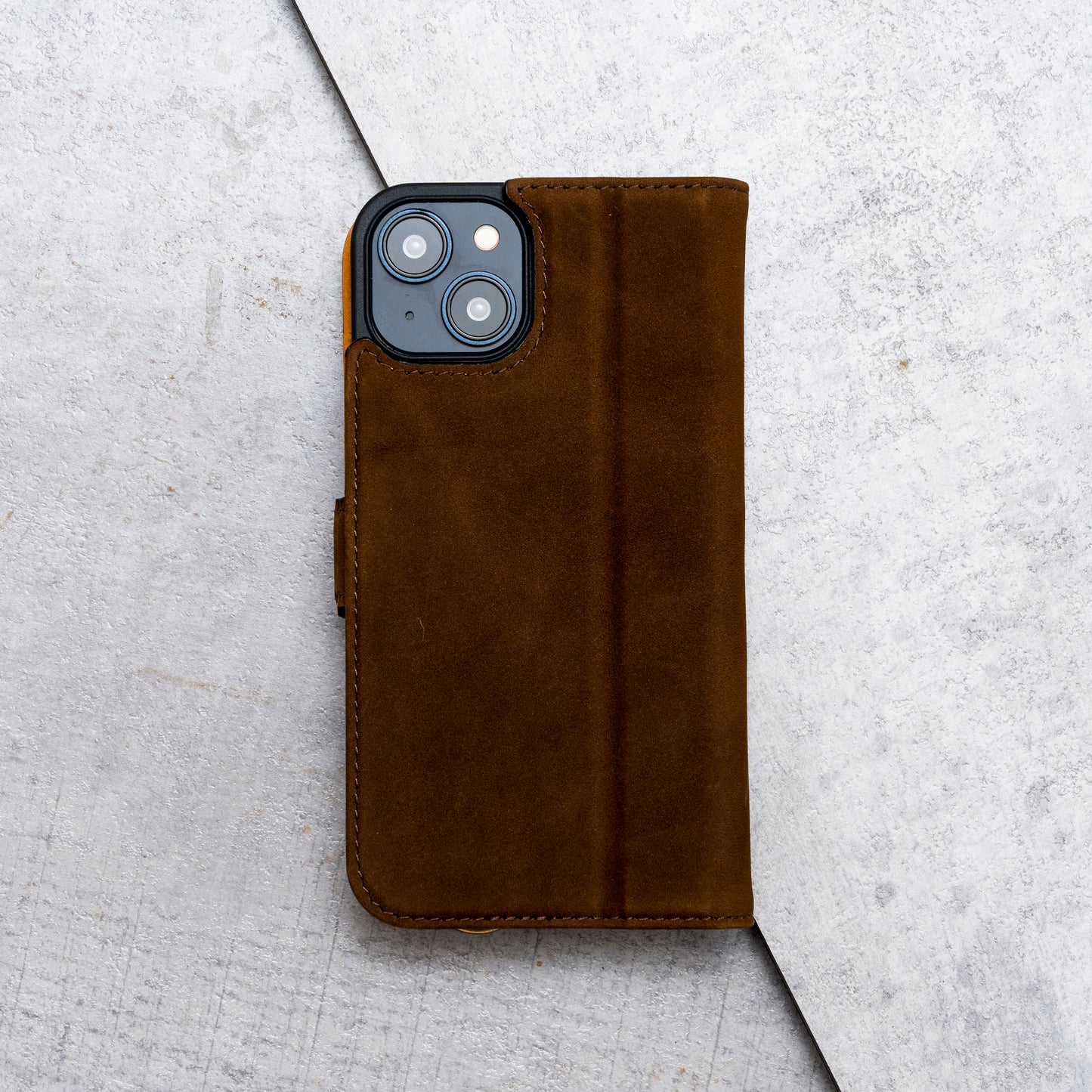 iPhone 15 Leather Case. Premium Nubuck Genuine Leather Stand Case/Cover/Wallet (Chocolate Brown)