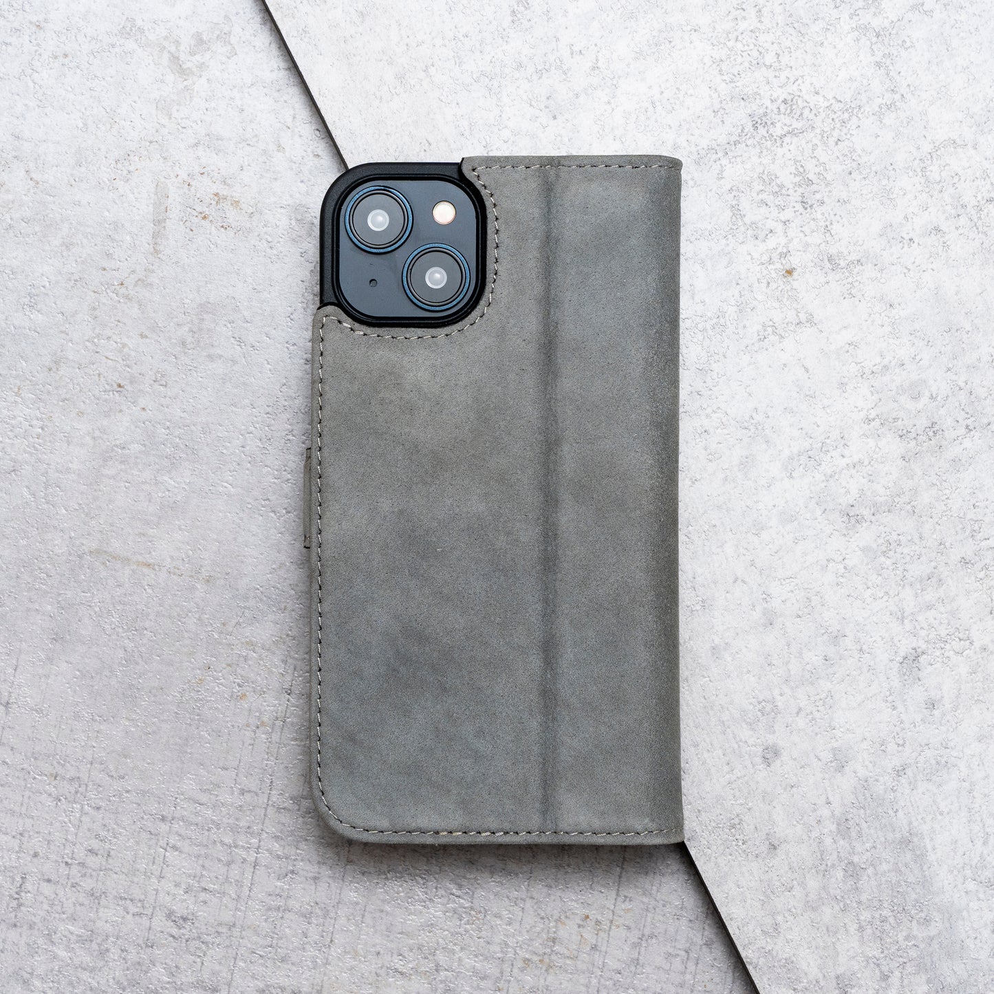 iPhone 15 Leather Case. Premium Nubuck Genuine Leather Stand Case/Cover/Wallet (Grey, Black)