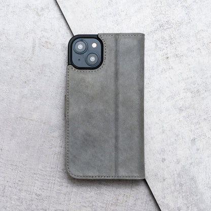 iPhone 11 Leather Case. Premium Nubuck Genuine Leather Stand Case/Cover/Wallet (Grey, Pink)