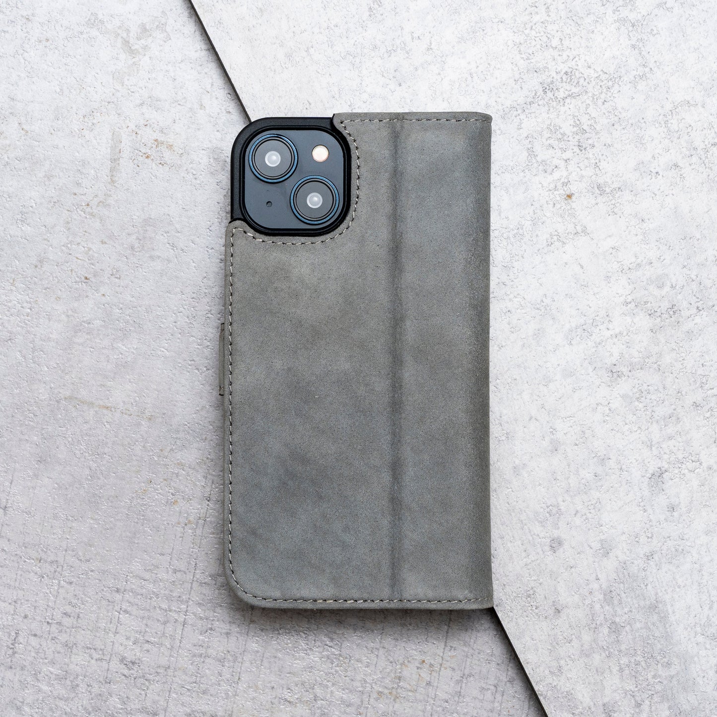 iPhone 13 Mini Leather Case. Premium Nubuck Genuine Leather Stand Case/Cover/Wallet (Grey, Black)