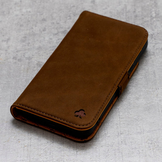 iPhone 13 Leather Case. Premium Nubuck Genuine Leather Stand Case/Cover/Wallet (Chocolate Brown)