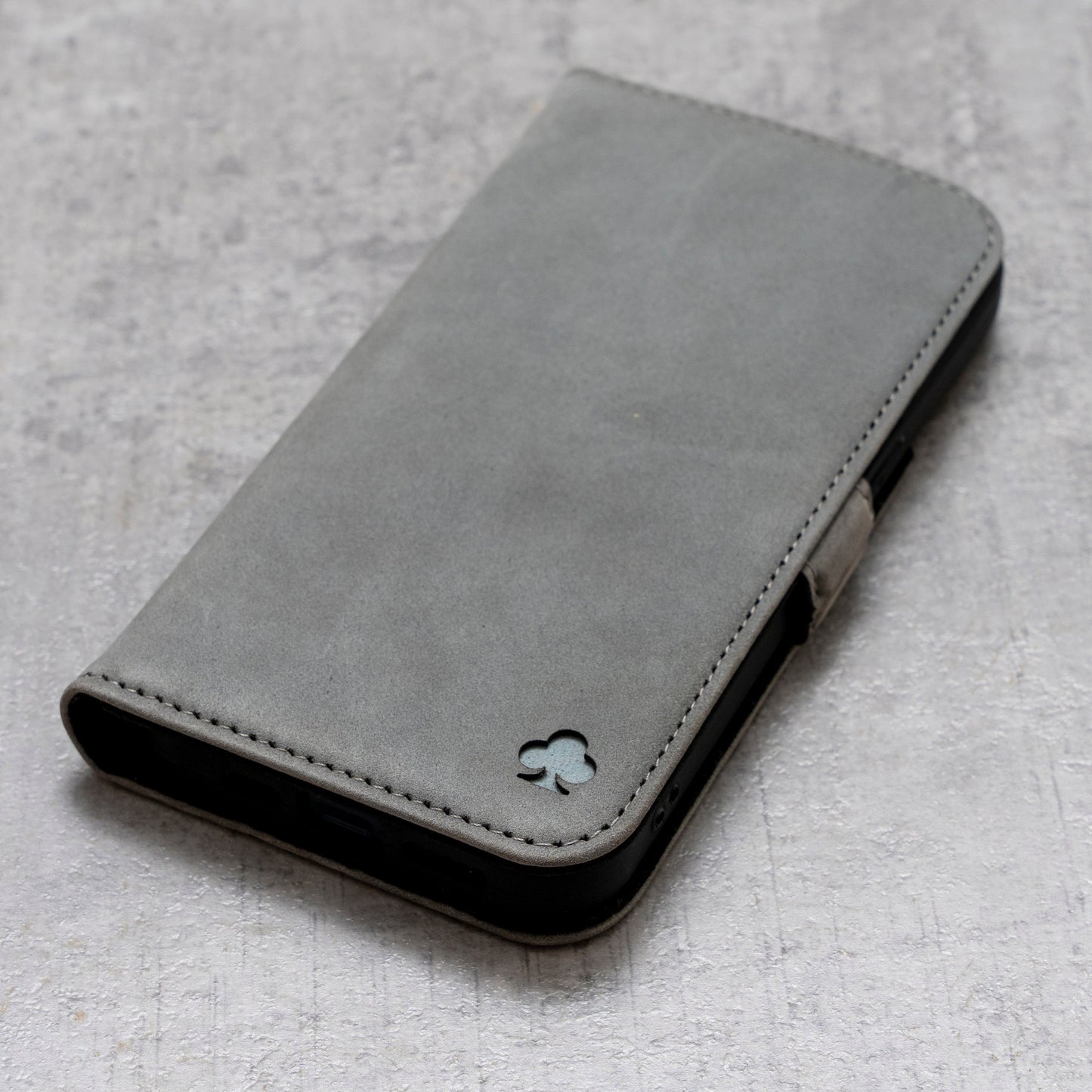 iPhone 15 Pro Leather Case. Premium Nubuck Genuine Leather Stand Case/Cover/Wallet (Grey, Black)