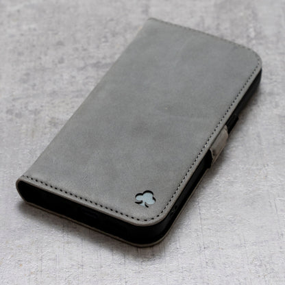 iPhone 14 Pro Leather Case. Premium Nubuck Genuine Leather Stand Case/Cover/Wallet (Grey, Black)