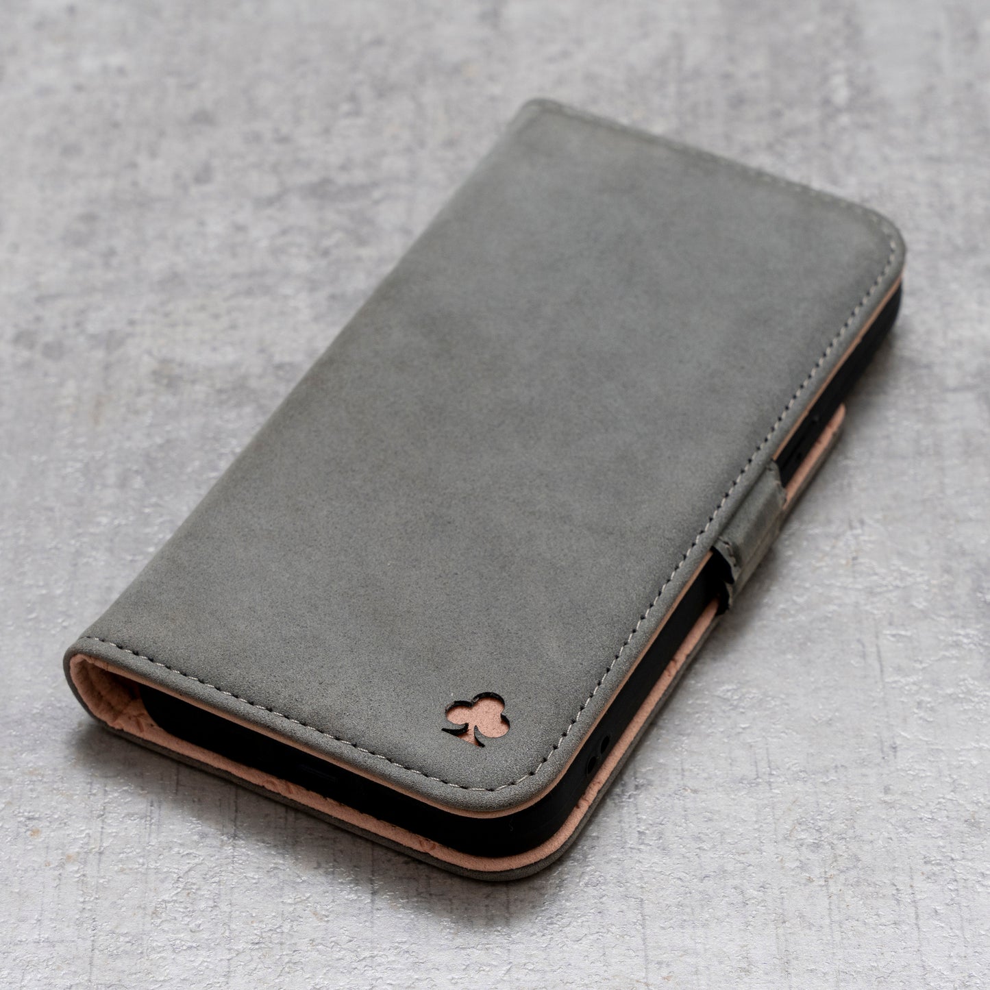 iPhone 15 Leather Case. Premium Nubuck Genuine Leather Stand Case/Cover/Wallet (Grey, Pink)
