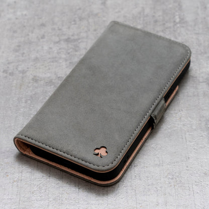 iPhone 13 Pro Leather Case. Premium Nubuck Genuine Leather Stand Case/Cover/Wallet (Grey, Pink)