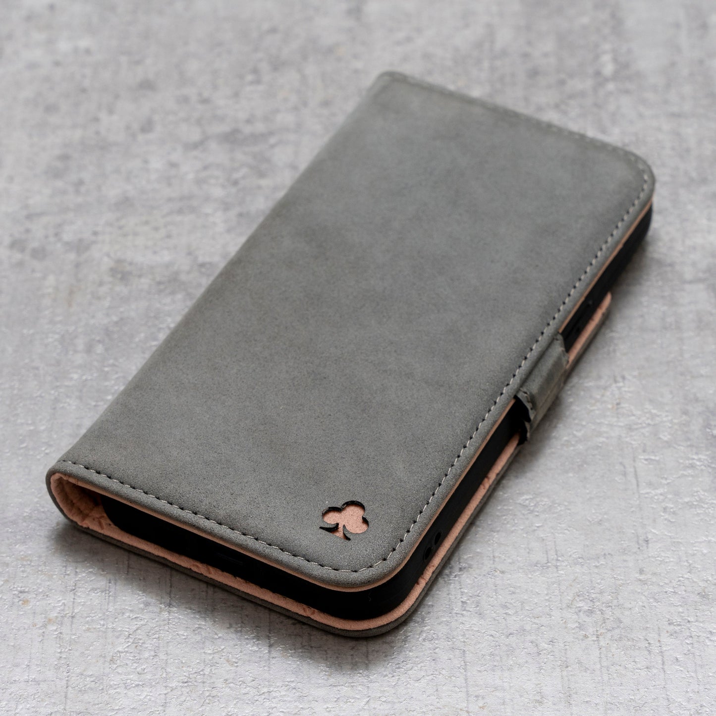 iPhone 14 Pro Leather Case. Premium Nubuck Genuine Leather Stand Case/Cover/Wallet (Grey, Pink)