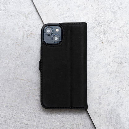 iPhone 13 Mini Leather Case. Premium Nubuck Genuine Leather Stand Case/Cover/Wallet (Black,Tan)