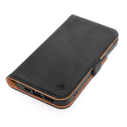 iPhone 13 Mini Leather Case. Premium Nubuck Genuine Leather Stand Case/Cover/Wallet (Black,Tan)