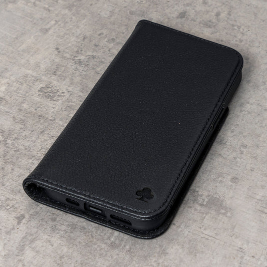 iPhone 14 Leather Case. Premium Slim Genuine Leather Stand Case/Cover/Wallet (Black)