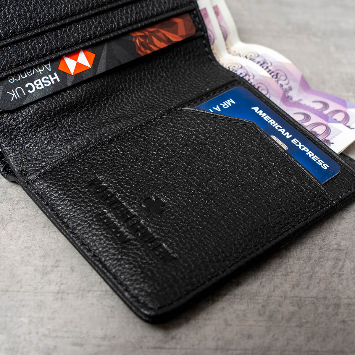 Porter Riley - Genuine Leather Men’s Billfold Wallet (RFID Blocking with 5 Credit Card Slots) Microfibre Lined Cash Compartment (Bifold) (Pure Black)