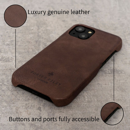 iPhone 13 Leather Case. Premium Slimline Back Genuine Leather Case (Chocolate Brown)