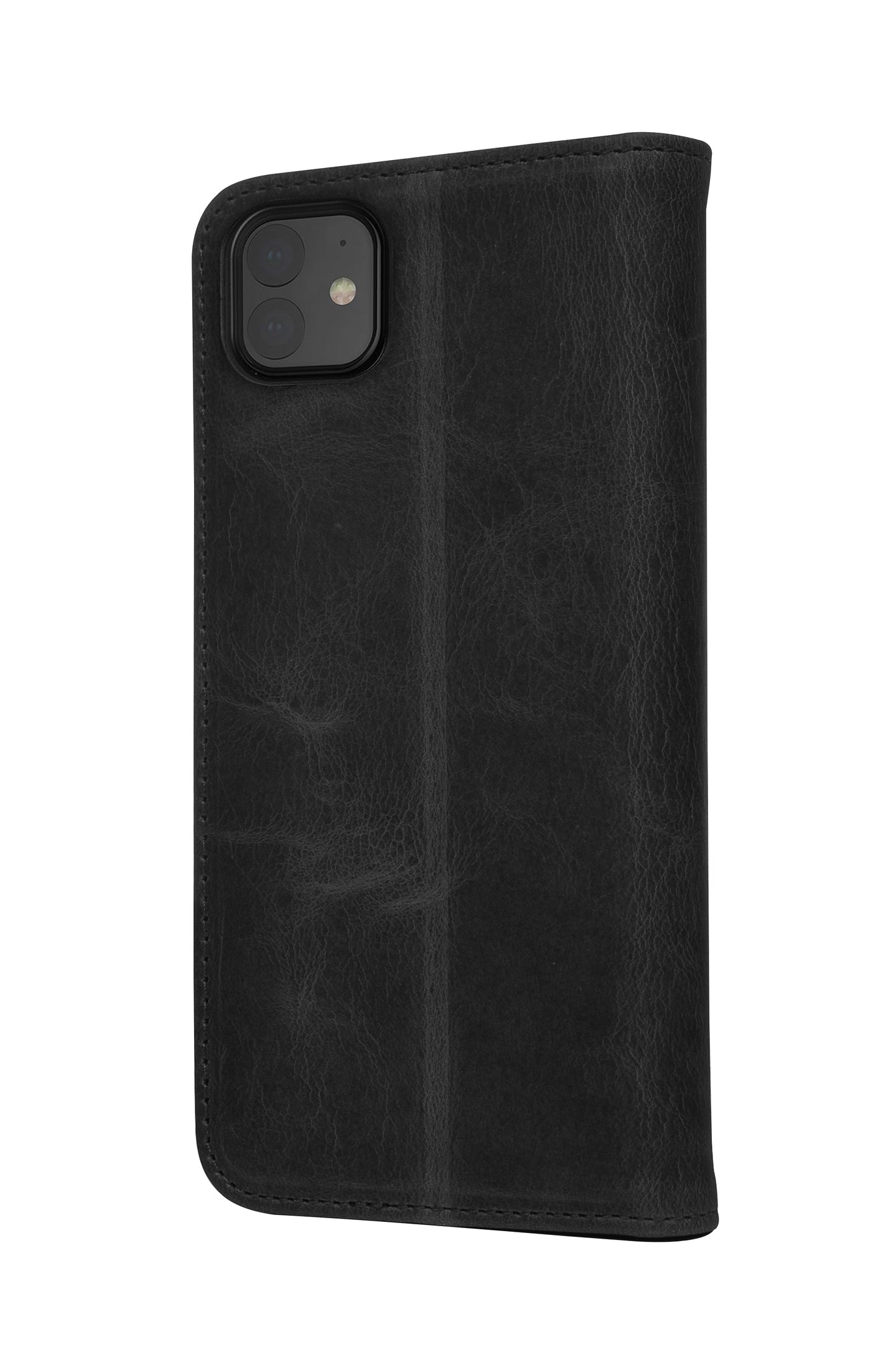 iPhone 12 Mini Leather Case. Premium Slim Genuine Leather Stand Case/Cover/Wallet (Black)