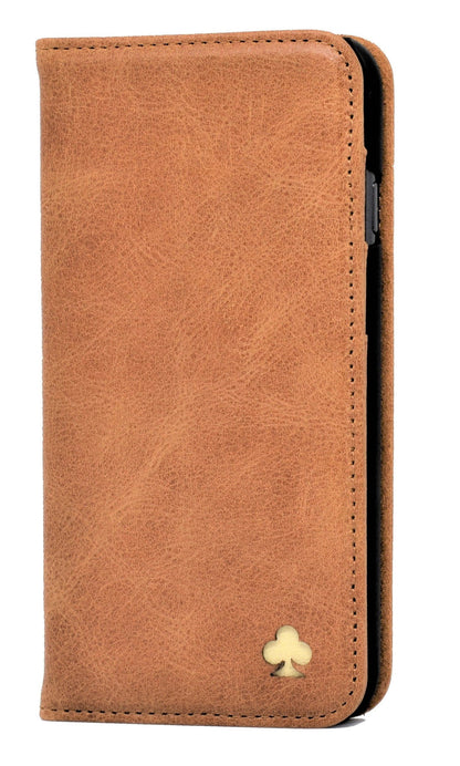 iPhone 14 Plus Leather Case. Premium Slim Genuine Leather Stand Case/Cover/Wallet (Tan)