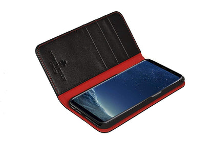 Samsung Galaxy S7 Leather Case. Premium Slim Genuine Leather Stand Case/Cover/Wallet (Black & Red)