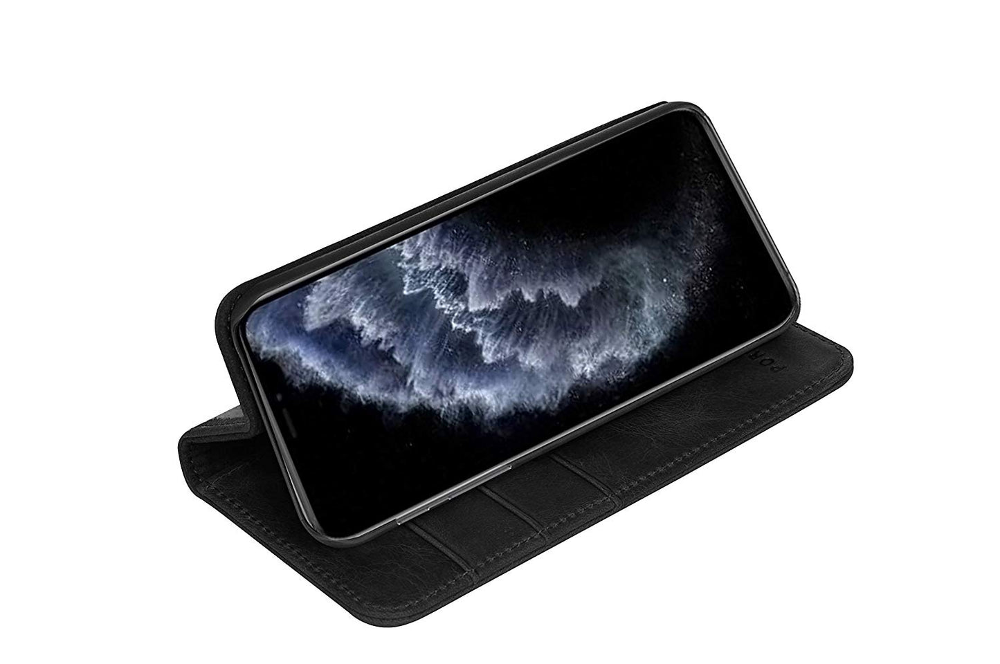 iPhone 11 Pro Leather Case. Premium Slim Genuine Leather Stand Case/Cover/Wallet (Pure Black)