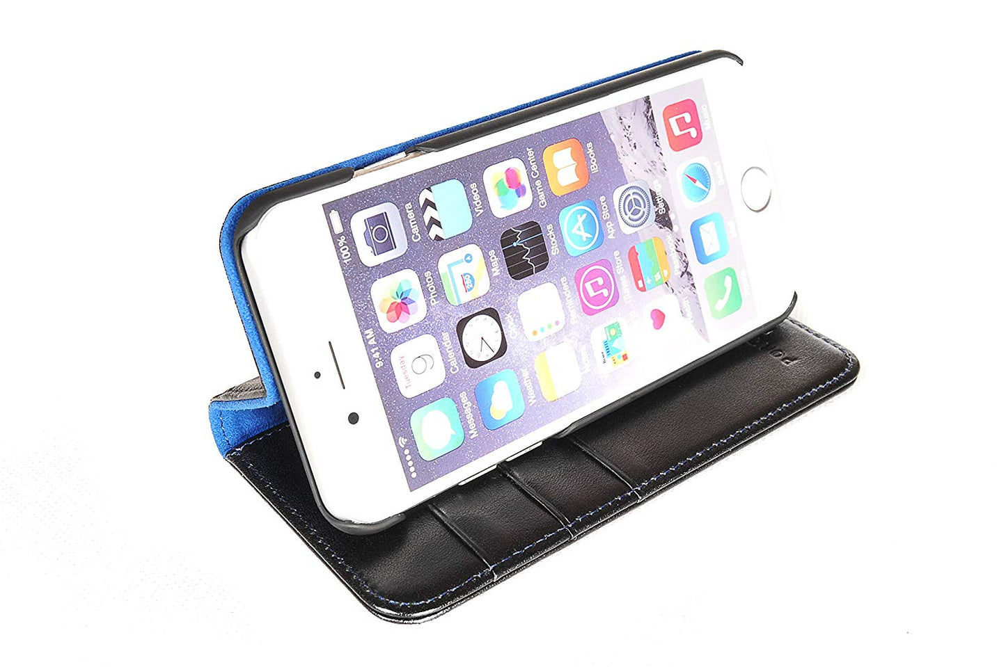 iPhone 6 / 6S Leather Case. Premium Slim Genuine Leather Stand Case/Cover/Wallet (Black & Blue)