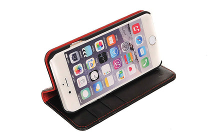 iPhone 6 / 6S Leather Case. Premium Slim Genuine Leather Stand Case/Cover/Wallet (Black & Red)