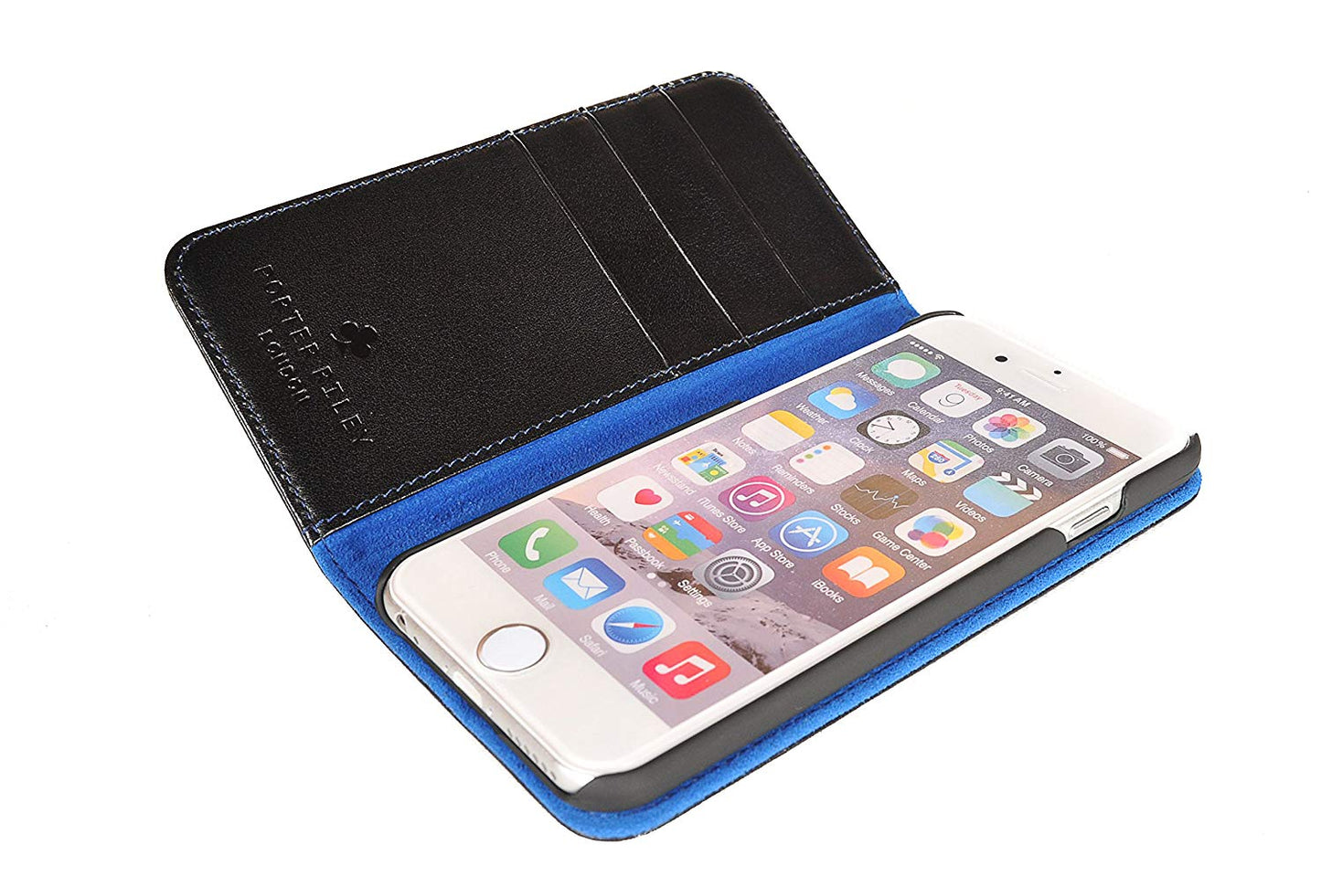 iPhone SE 2020 & iPhone 7 / 8 Leather Case. Premium Slim Genuine Leather Stand Case/Cover/Wallet (Black & Blue)