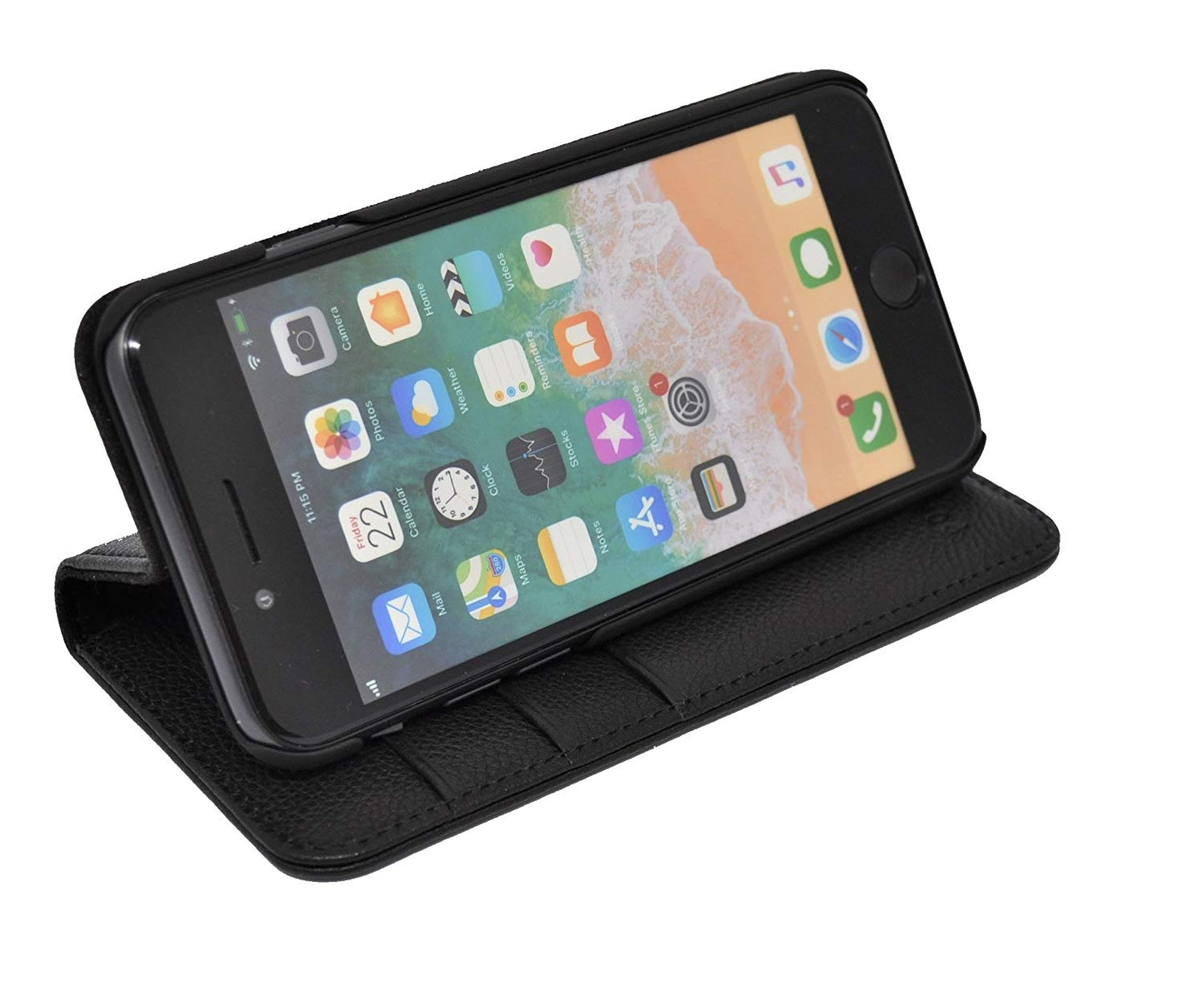 iPhone 7 Plus / 8 Plus Leather Case. Premium Slim Genuine Leather Stand Case/Cover/Wallet (Black)