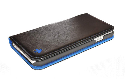 iPhone XS / X Leather Case. Premium Slim Genuine Leather Stand Case/Cover/Wallet (Black & Blue)