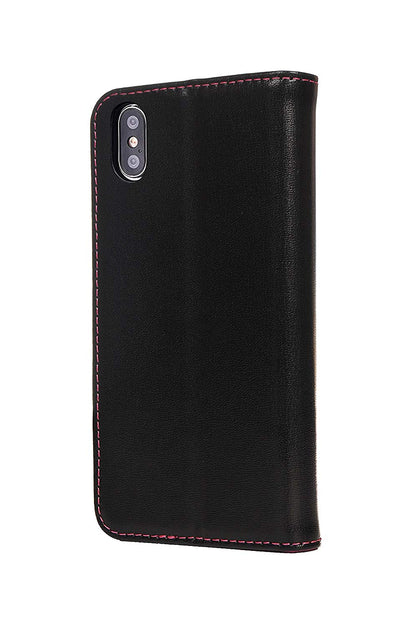 iPhone XS / X Leather Case. Premium Slim Genuine Leather Stand Case/Cover/Wallet (Black & Pink)