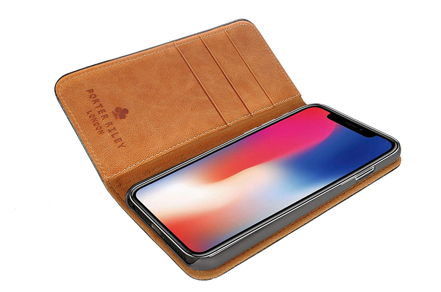 iPhone XS / X Leather Case. Premium Slim Genuine Leather Stand Case/Cover/Wallet (Black & Tan)