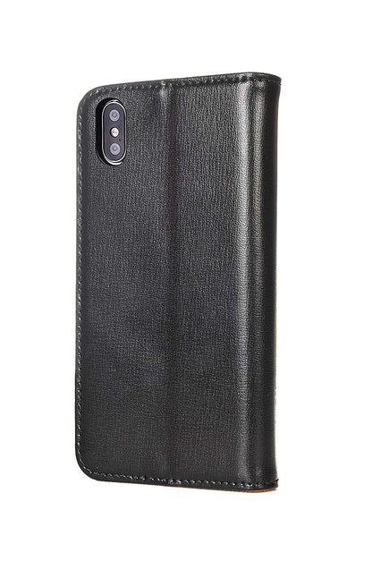iPhone XS / X Leather Case. Premium Slim Genuine Leather Stand Case/Cover/Wallet (Black & Tan)